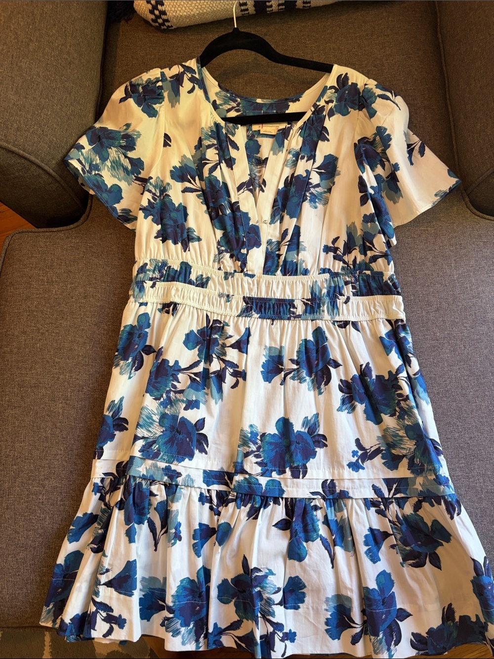 Anthropologie White Dress with Blue Floral Print